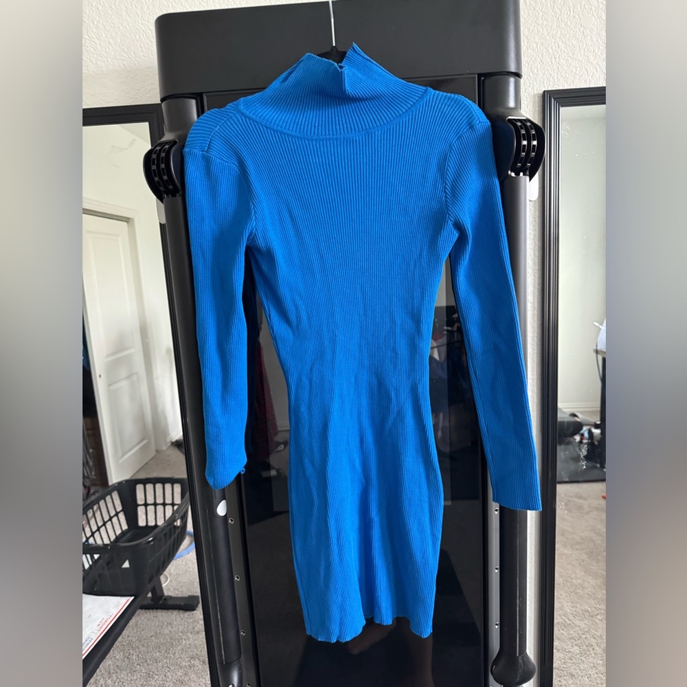 Blue Ribbed Long Sleeve Mock neck Dress